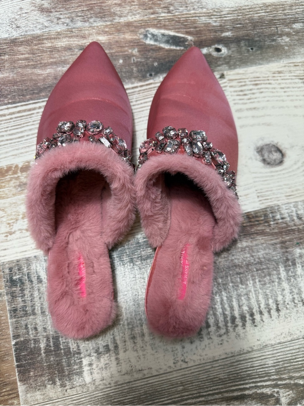 Isaac Mizrahi Pink Jeweled Faux Fur Pointed Mules